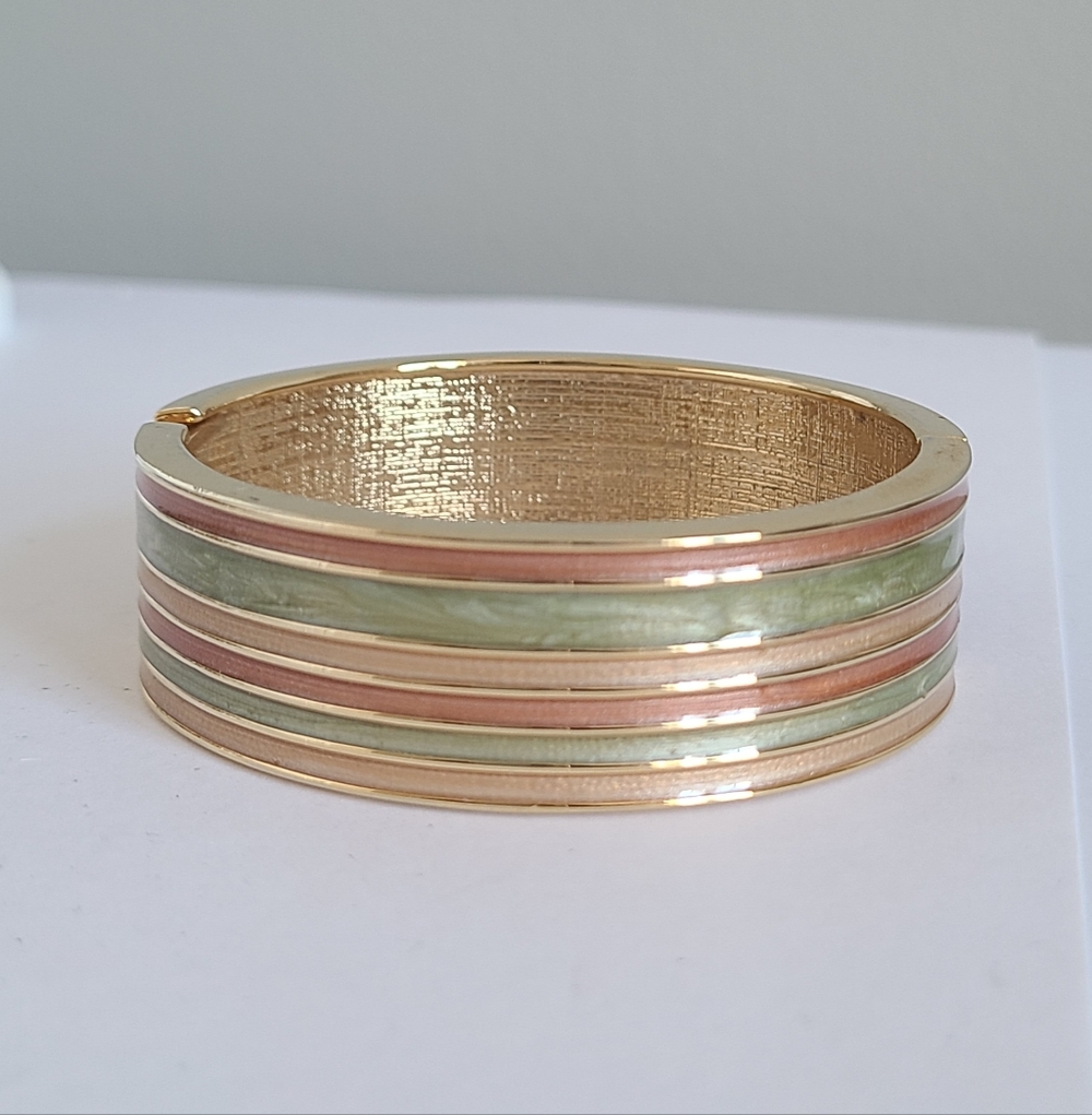 Vintage Gold Pearl Colourful Earth Tone Enamel Thick Hinged Wide Bangle Bracelet